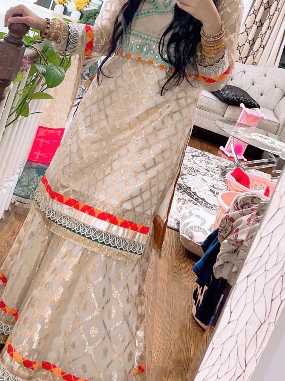 Cream Embroidered Maxi Dress with Multicolor Trim